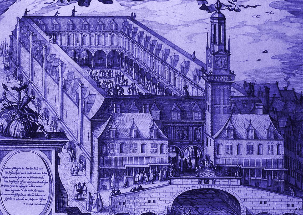 Engraving of the Amsterdam Stock Exchange, 1612, tinted violet