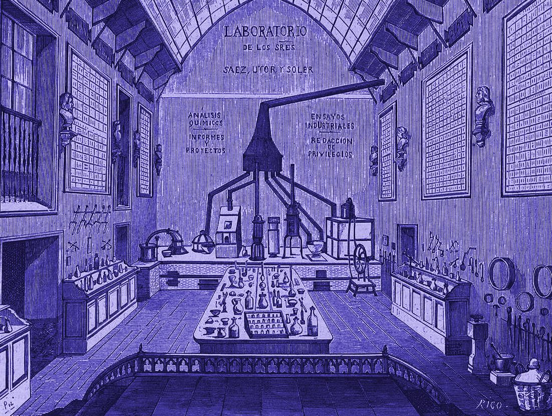 Engraving of a chemical laboratory in Madrid, 1868, tinted violet